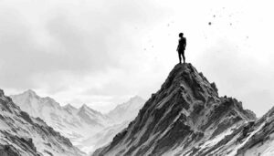 highcompress handdrawn ai humanoid on mountain peak